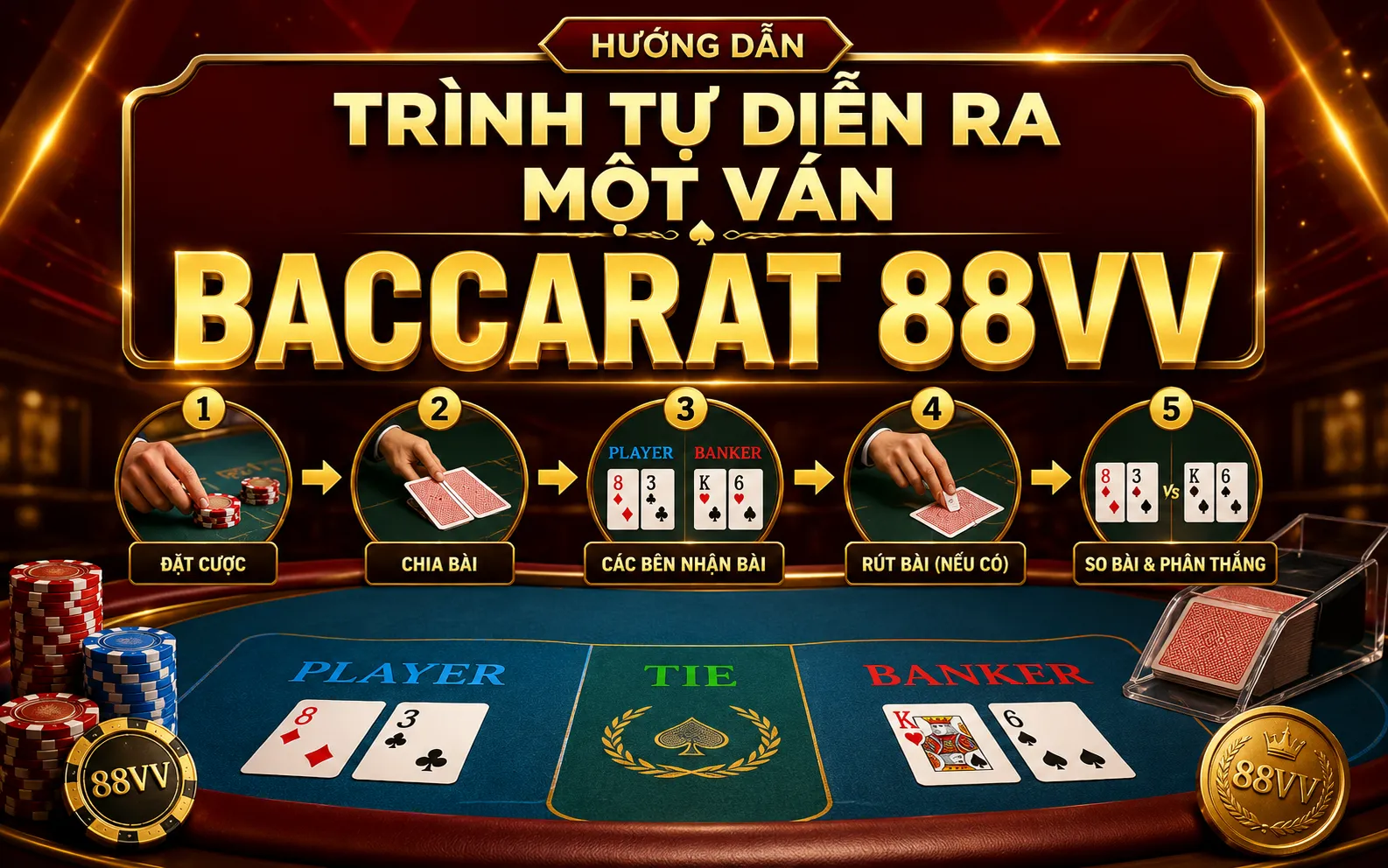 Baccarat 88VV: Luật Chơi, Tính Điểm Và Đọc Kết Quả 3 Trình tự diễn ra một ván Baccarat 88VV