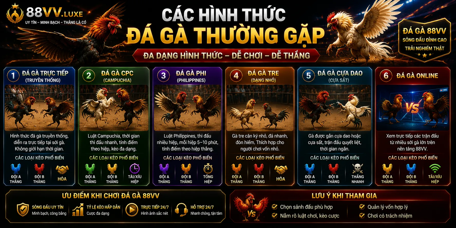Đá Gà 88VV – Sảnh Đấu, Tỷ Lệ Kèo Và Quy Tắc Cần Biết 1 Các hình thức đá gà thường gặp